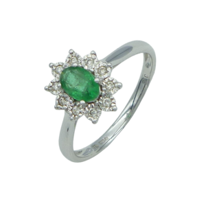 9ct White Gold Emerald and Diamond Cluster Ring