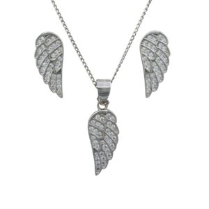 Silver CZ Angel Wing Pendant & Earrings Set
